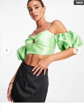 NEW!ASOS DESIGN Cold Shoulder Top Puff Ball Sleeve in lime/apple green.